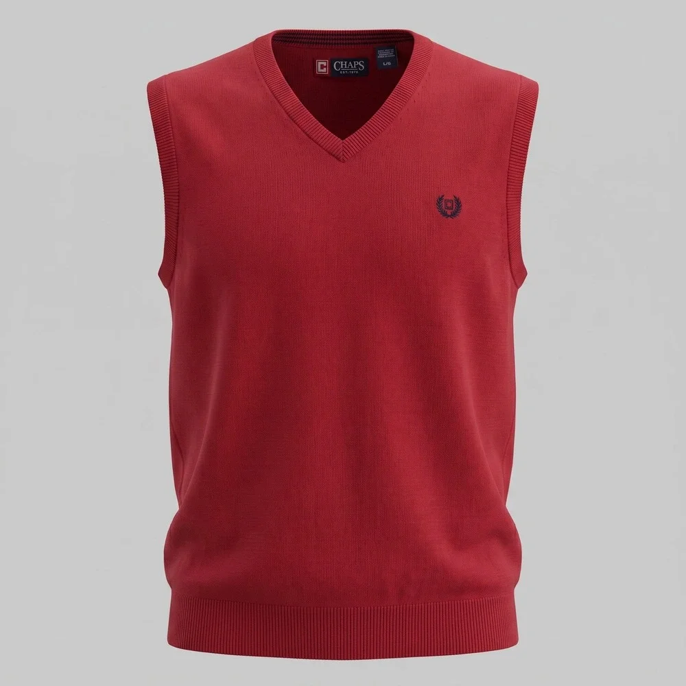 Chaps Mens Large Red Sweater Vest V-Neck Cotton Knit Embroidered Logo Classic